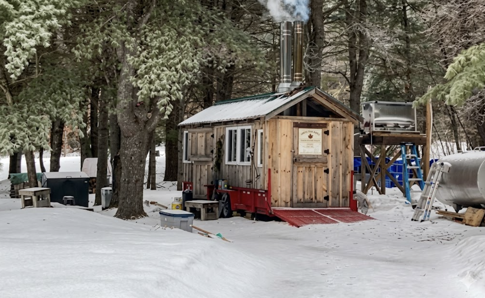 The sugar shack and pipeline tanks tucked into a snowy cedar forest on the High Falls Woodlot.